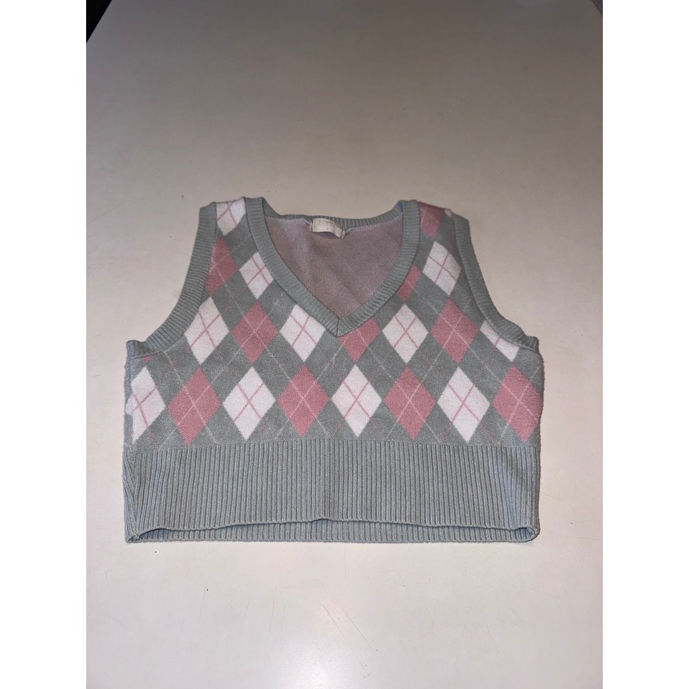 Altard State Argyle Sweater Vest Sage Green Pink White V-Neck Cropped Knit Small